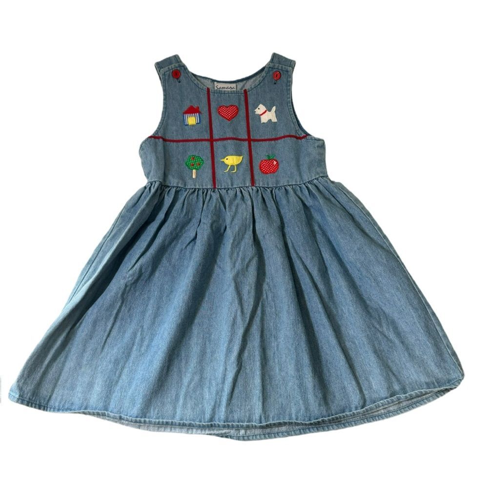 Vintage Samara Denim Jean Button Dress Emroidered  Child Girl Size 6x